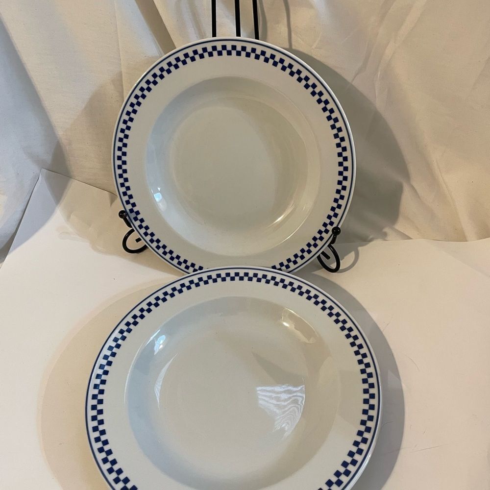 TOGNANA PORCELLANE BLUE WHITE CHECK CHECKERED RIMMED SOUP BOWL ITALY 9 “ A5.
